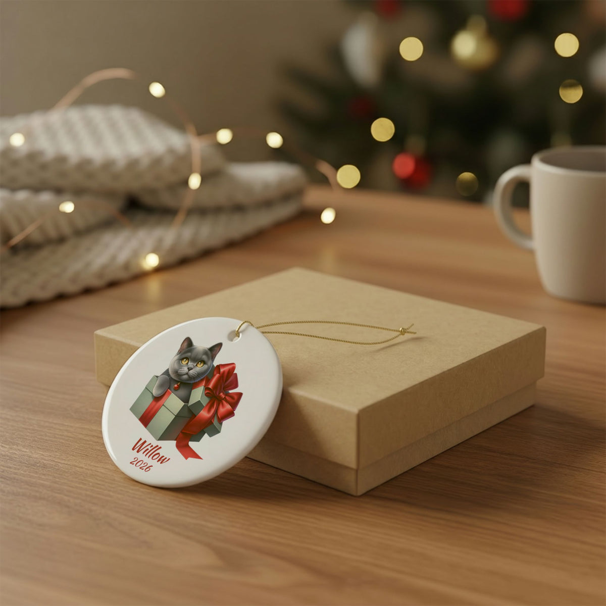 Grey Cat ornament shown with the gold gift box option