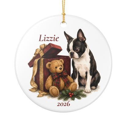 Boston Terrier (Black) ornament shown with the gold gift box option
