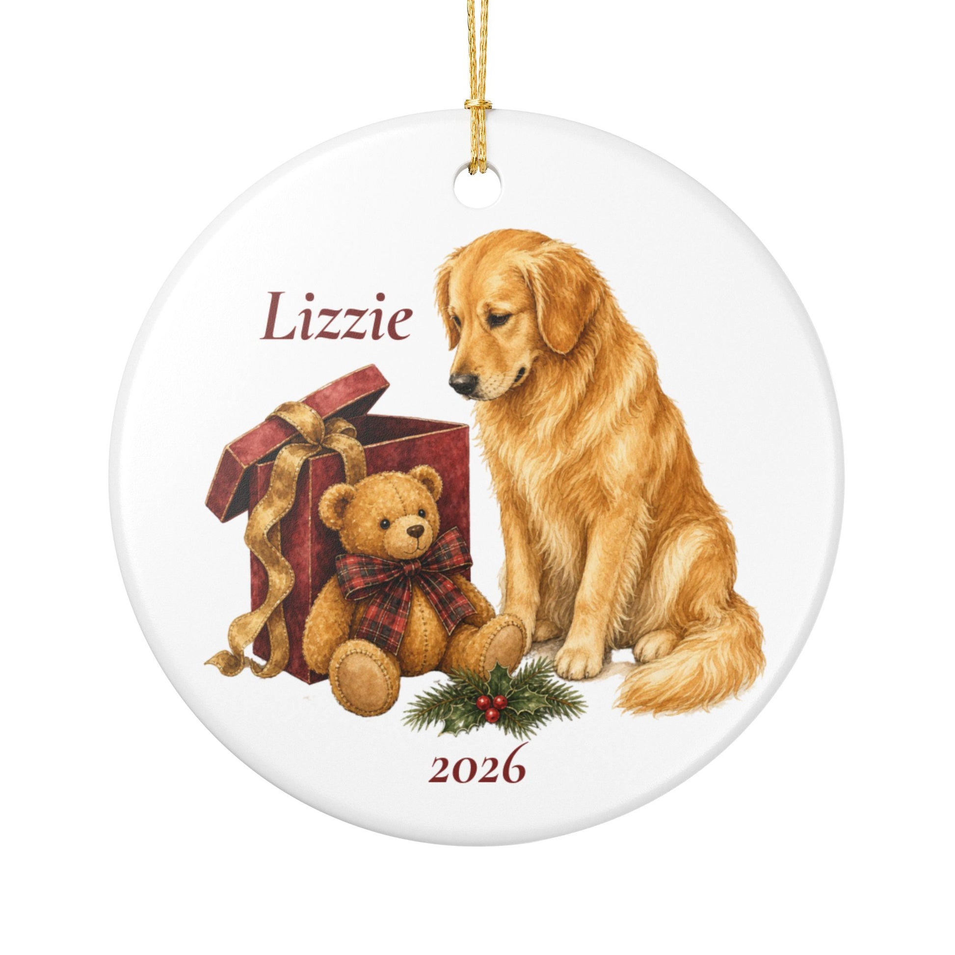 Golden Retriever ornament shown with the gold gift box option
