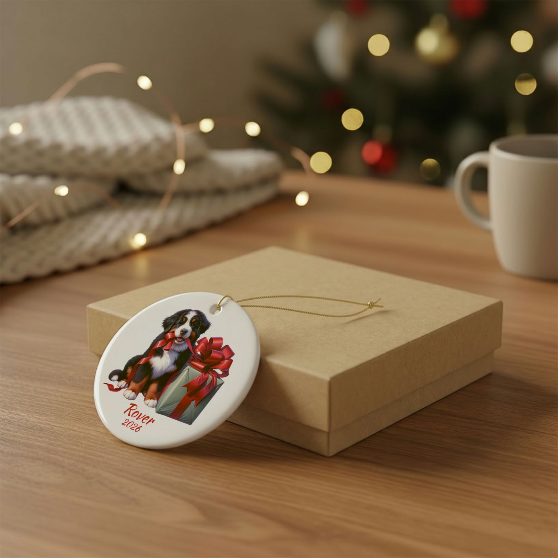 Bernese Mountain Dog ornament shown with the gold gift box option