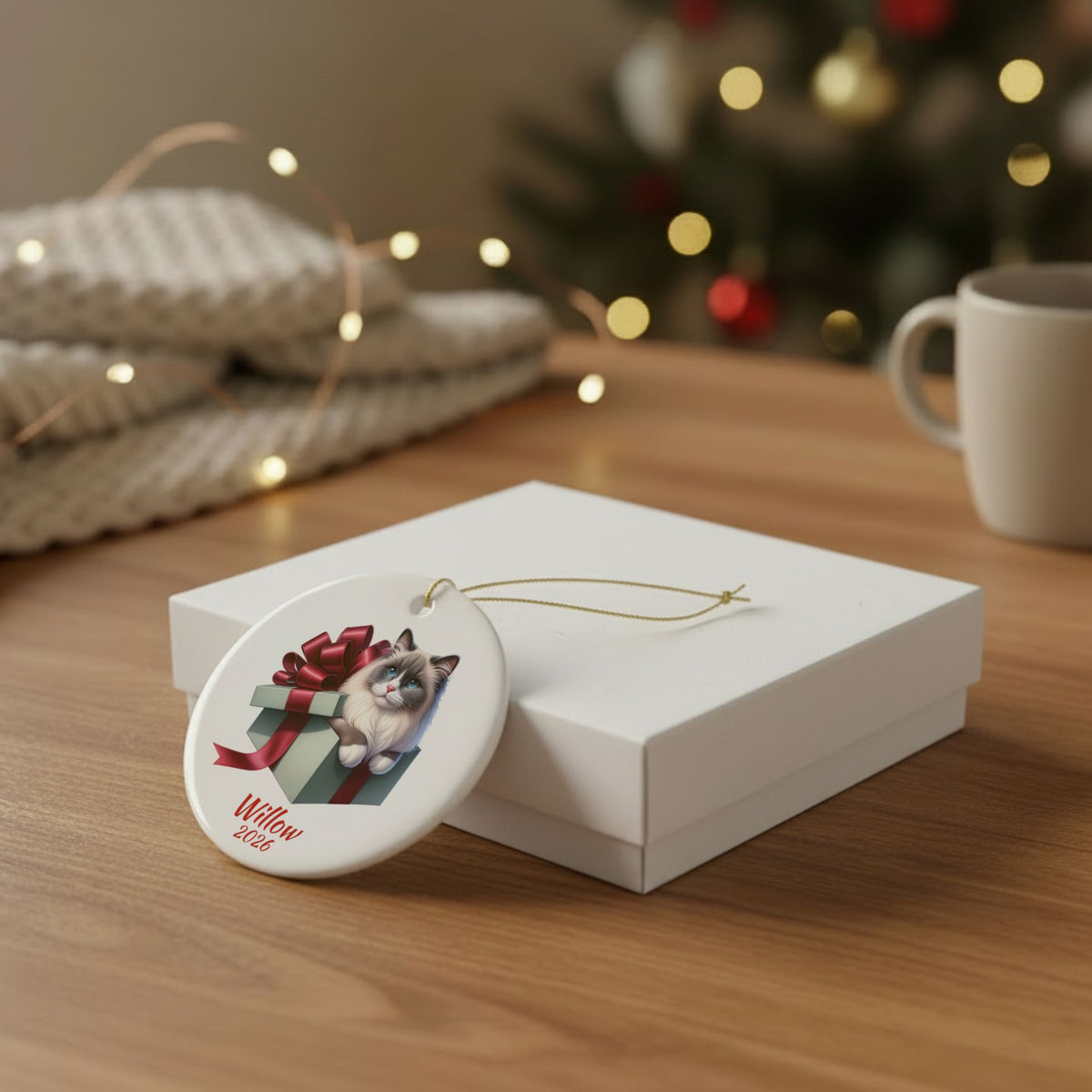 Ragdoll Cat ornament shown with the white gift box option