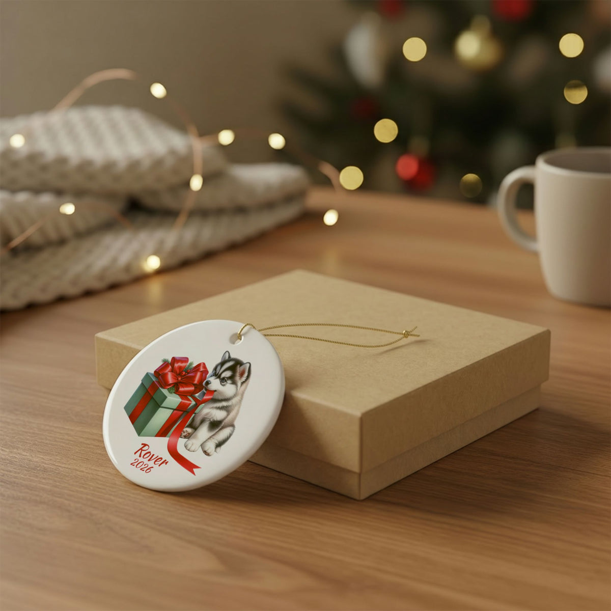 Siberian Husky ornament shown with the gold gift box option