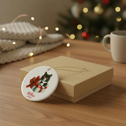 Tuxedo Cat ornament shown with the gold gift box option