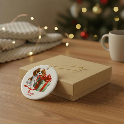 Blenheim Cavalier King Charles Spaniel ornament shown with the gold gift box option