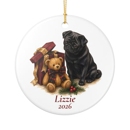 Pug (Black) ornament shown with the gold gift box option