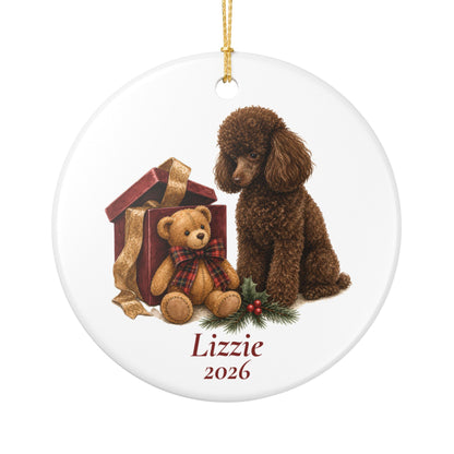 Miniature Poodle (Brown) ornament shown with the white gift box option