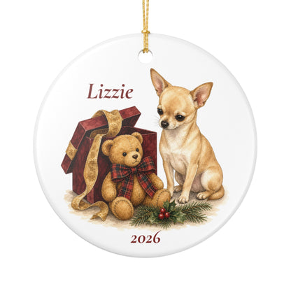 Chihuahua (Fawn) ornament shown with the white gift box option
