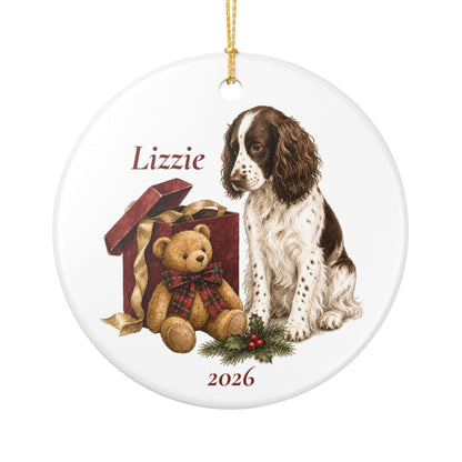 English Springer Spaniel (Liver) ornament shown with the gold gift box option