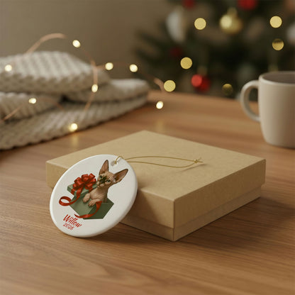 Sphynx Cat ornament shown with the gold gift box option