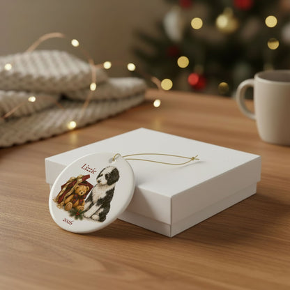 Sheepadoodle ornament shown with the white gift box option