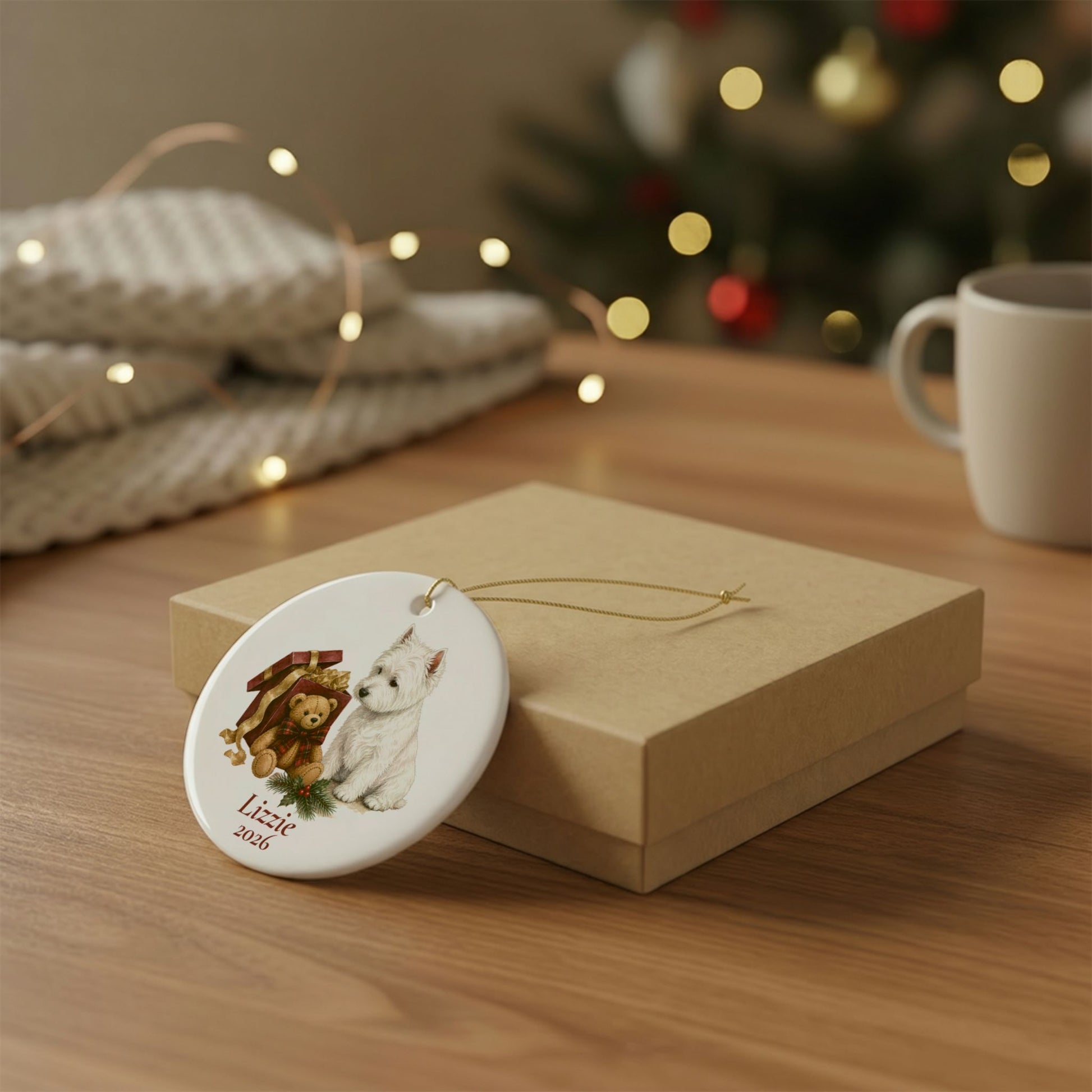 West Highland Terrier ornament shown with the gold gift box option