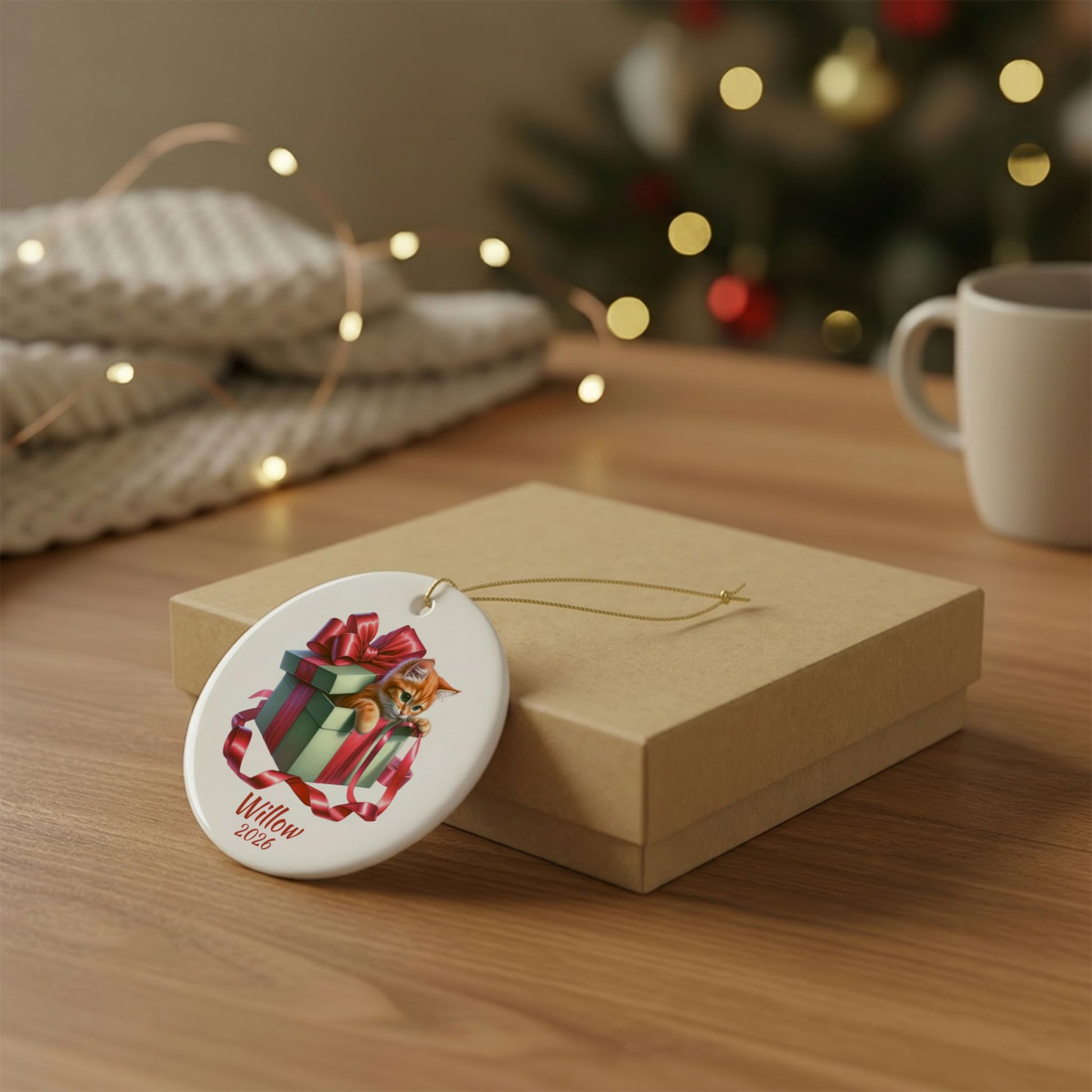 Orange Cat ornament shown with the gold gift box option