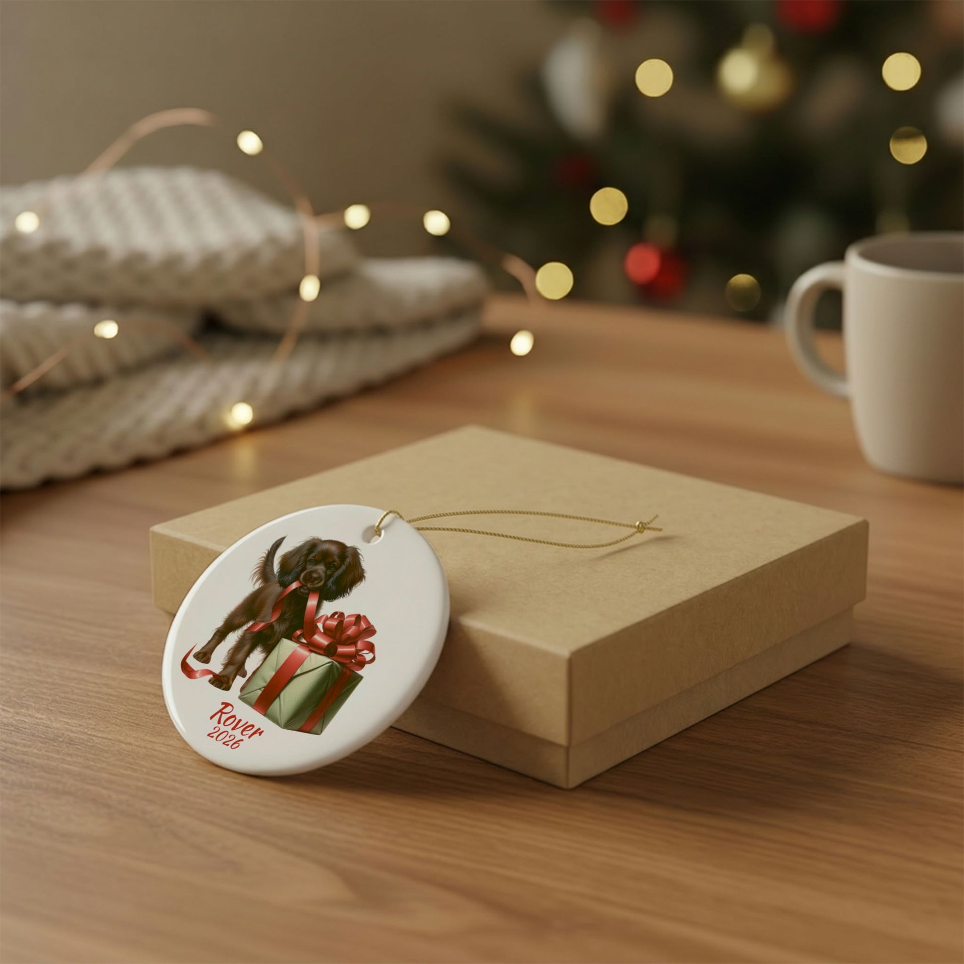 Boykin Spaniel ornament shown with the gold gift box option
