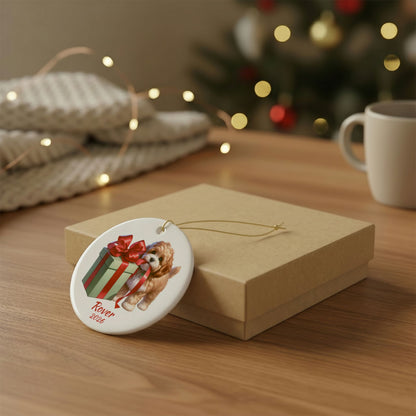 Cavapoo ornament shown with the gold gift box option