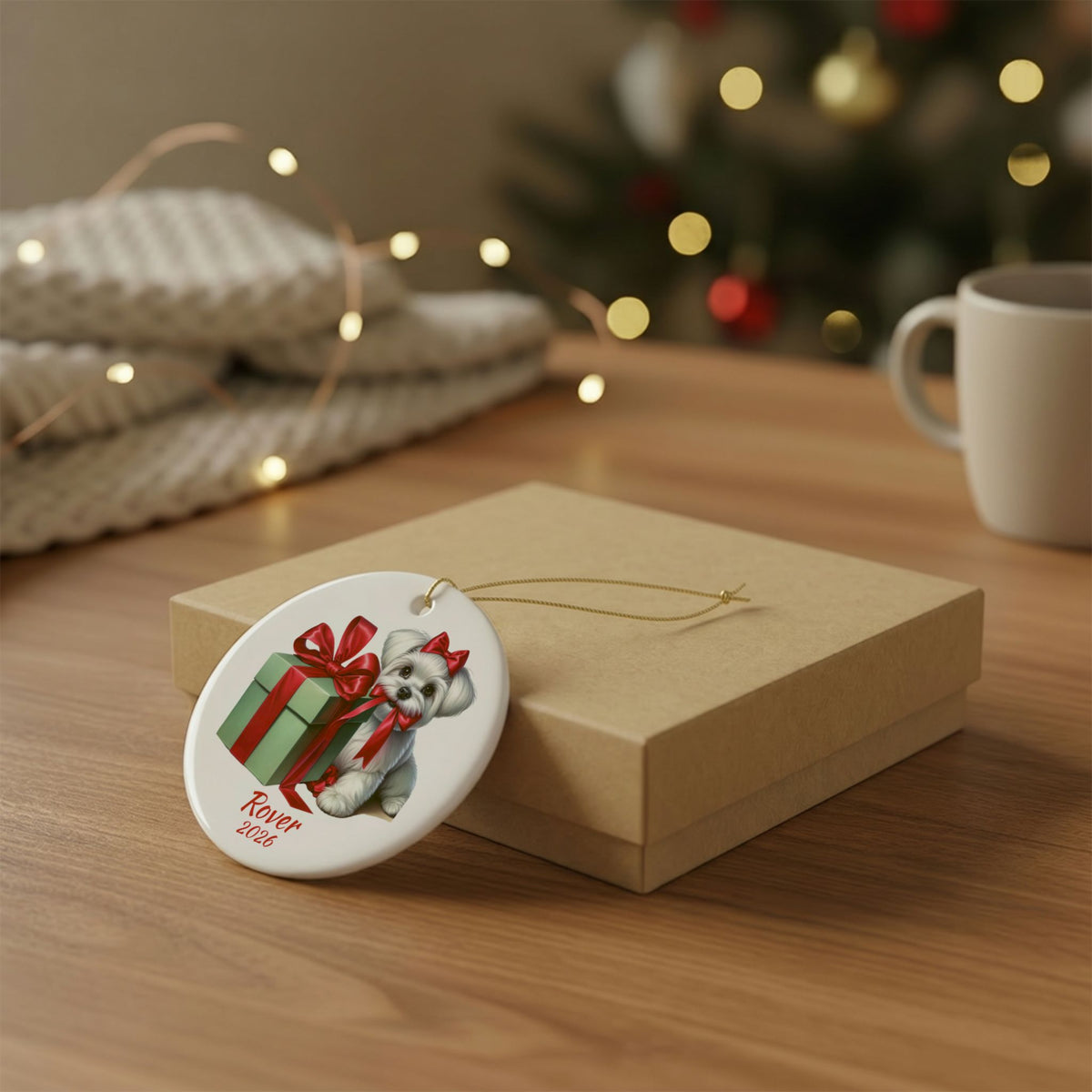 Maltese ornament shown with the gold gift box option