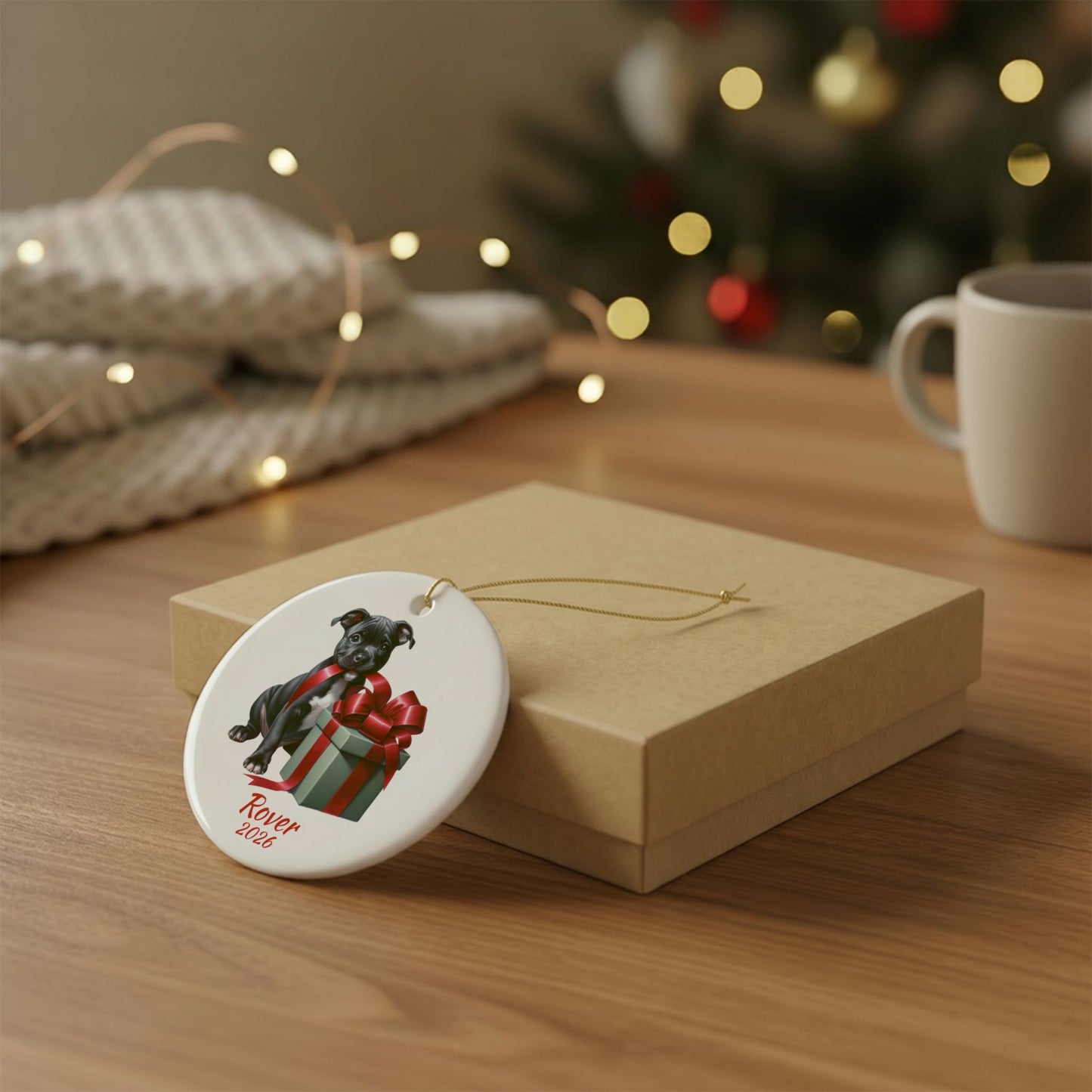 American Staffordshire Terrier ornament shown with the gold gift box option