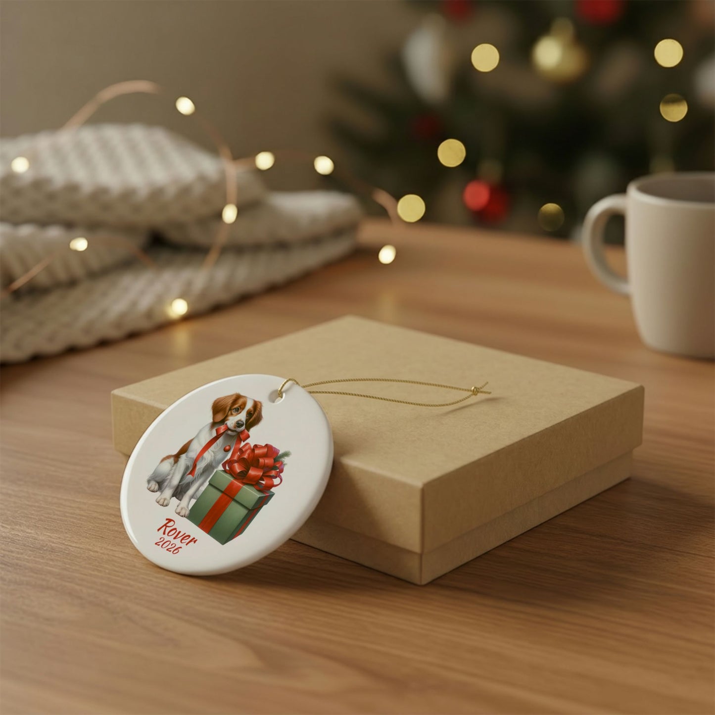 Brittany Spaniel ornament shown with the gold gift box option