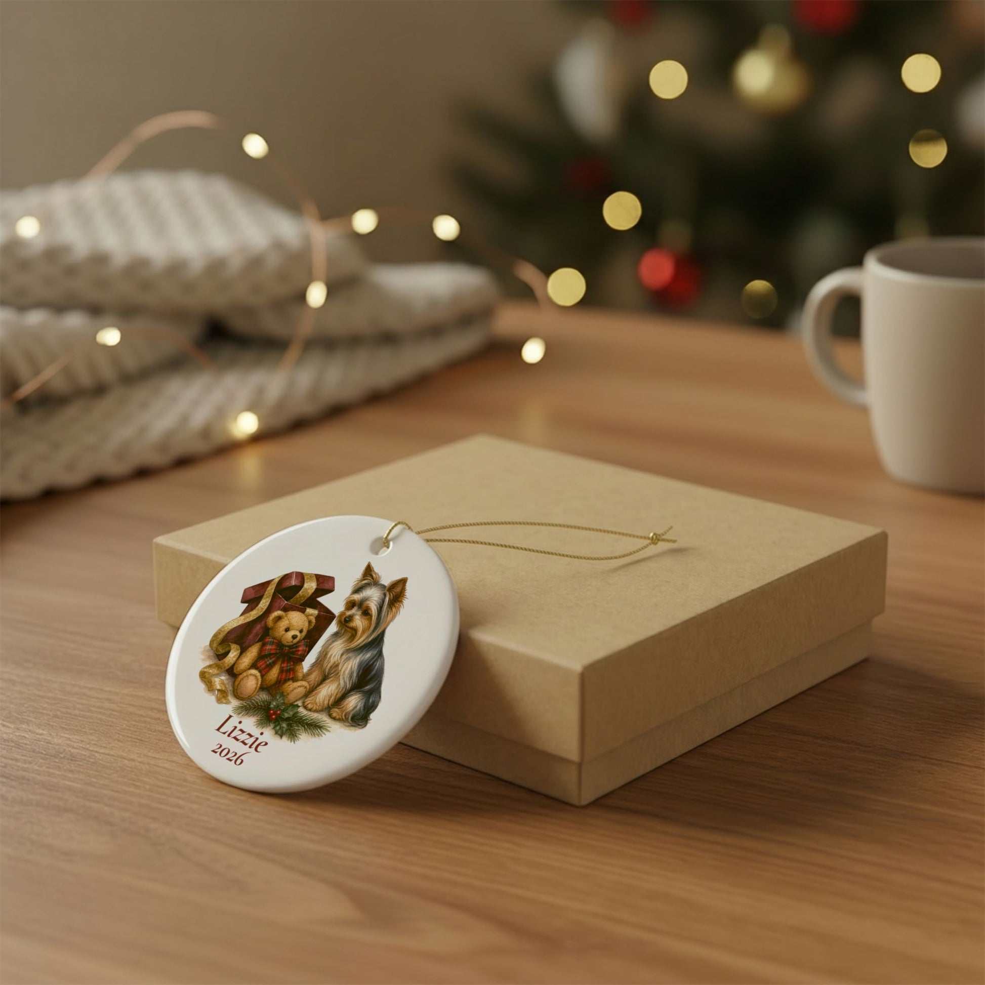 Yorkshire Terrier ornament shown with the gold gift box option