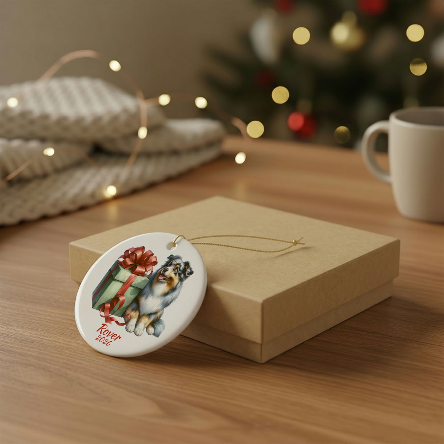 Australian Shepherd ornament shown with the gold gift box option
