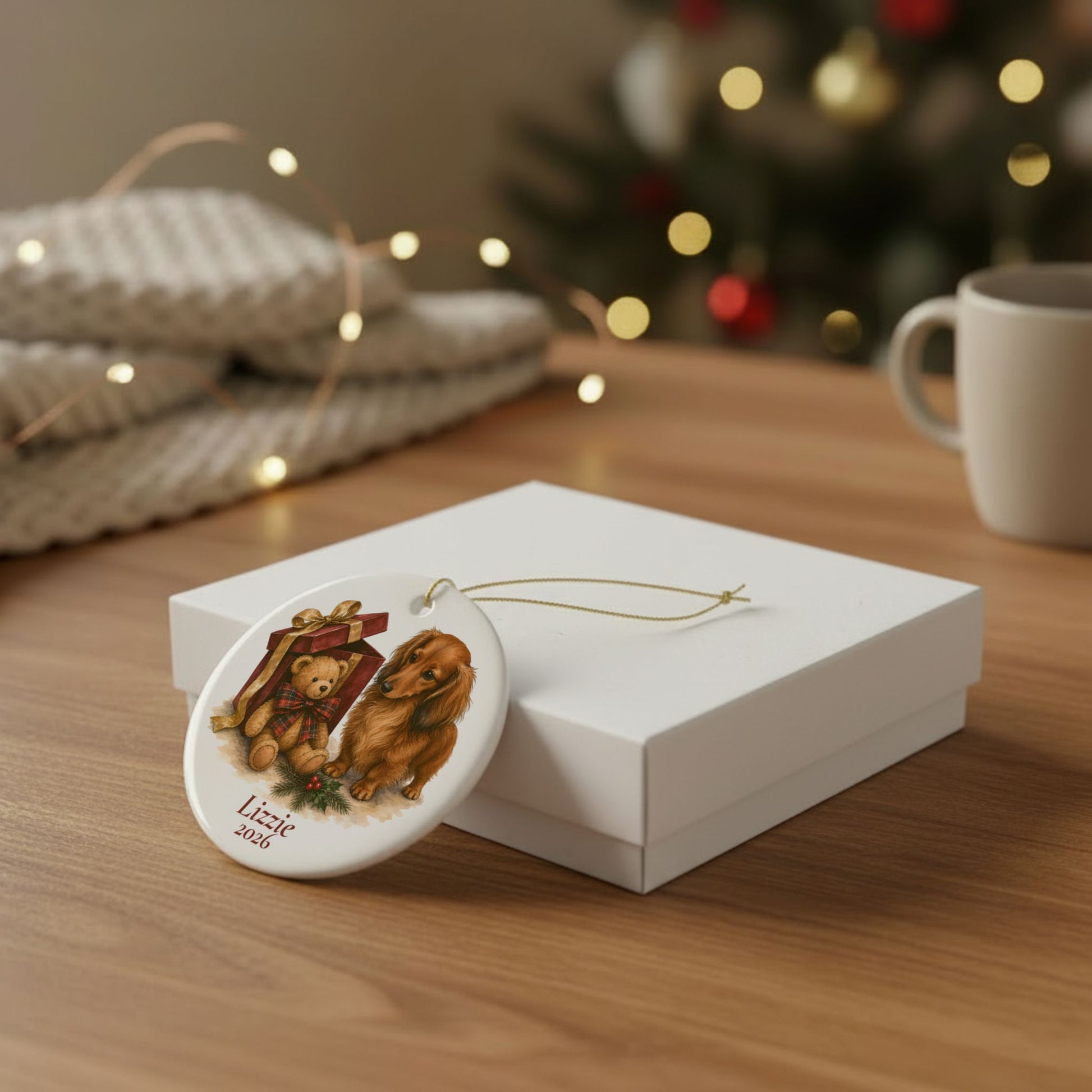 Longhaired Dachshund ornament shown with the white gift box option