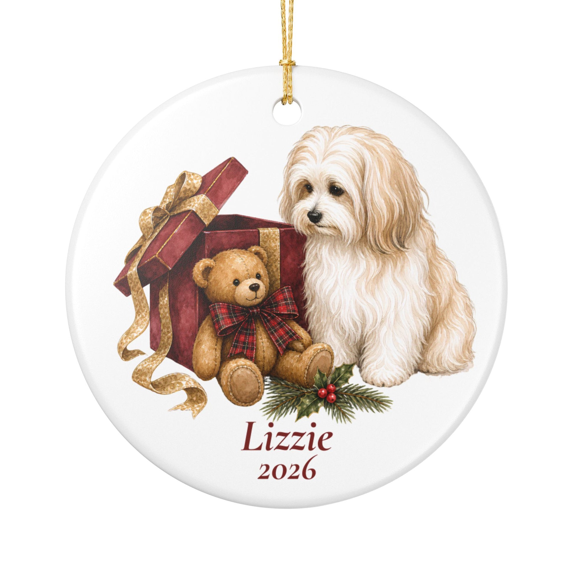 Havanese ornament shown with the gold gift box option
