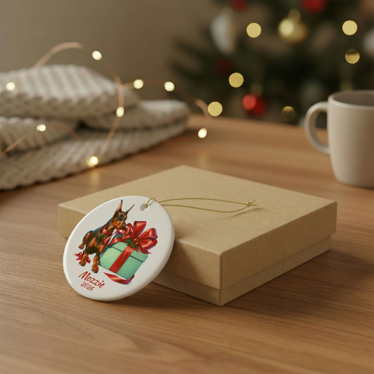 Red Doberman Pinscher ornament shown with the gold gift box option