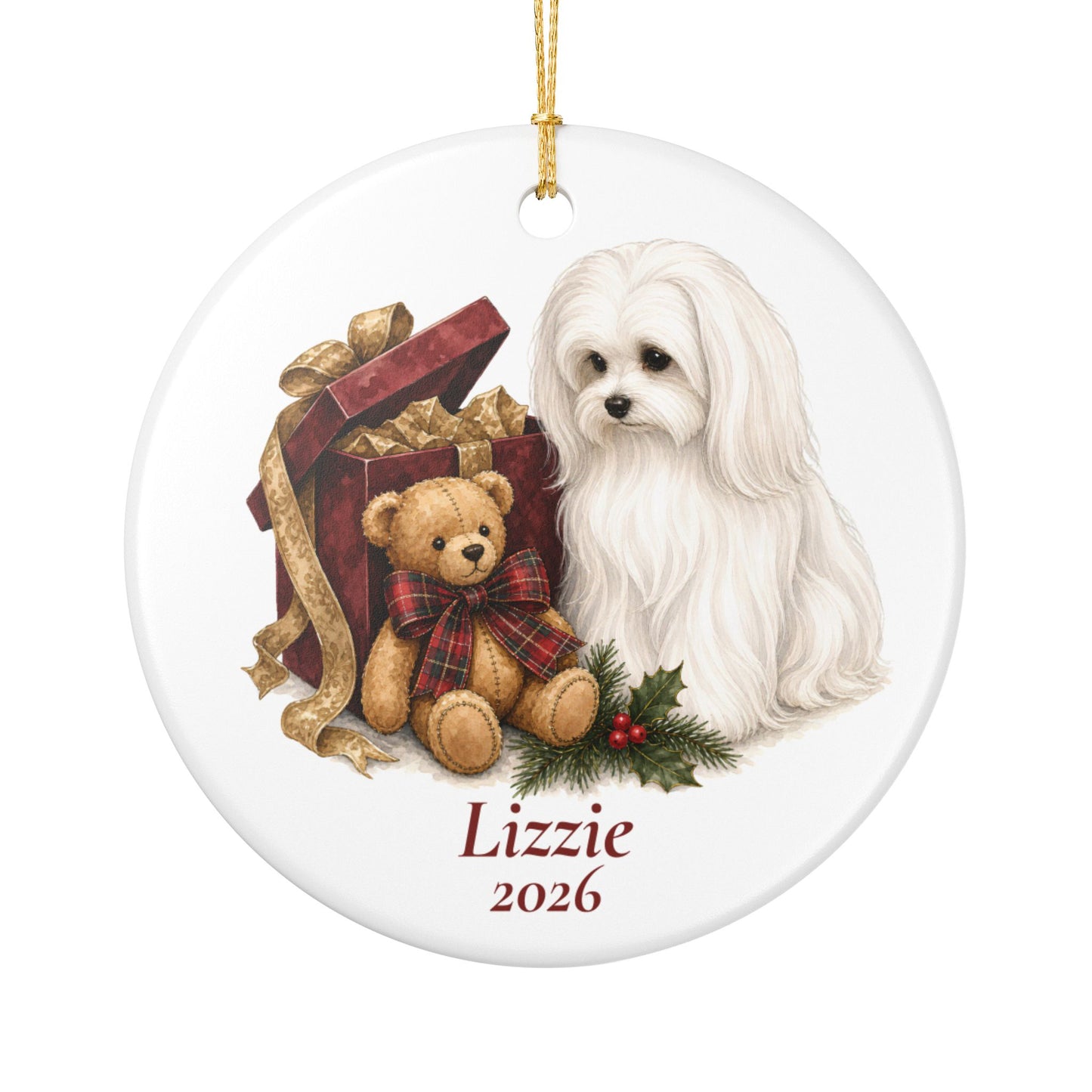 Maltese ornament shown with the gold gift box option