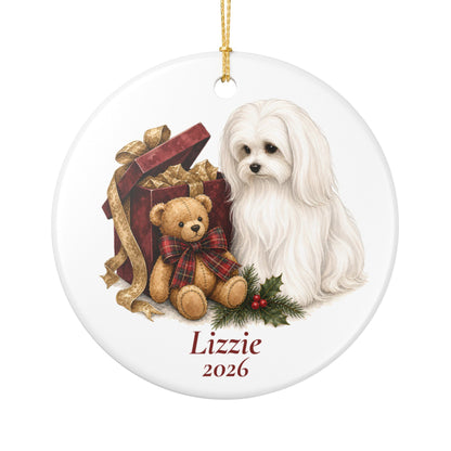 Maltese ornament shown with the gold gift box option