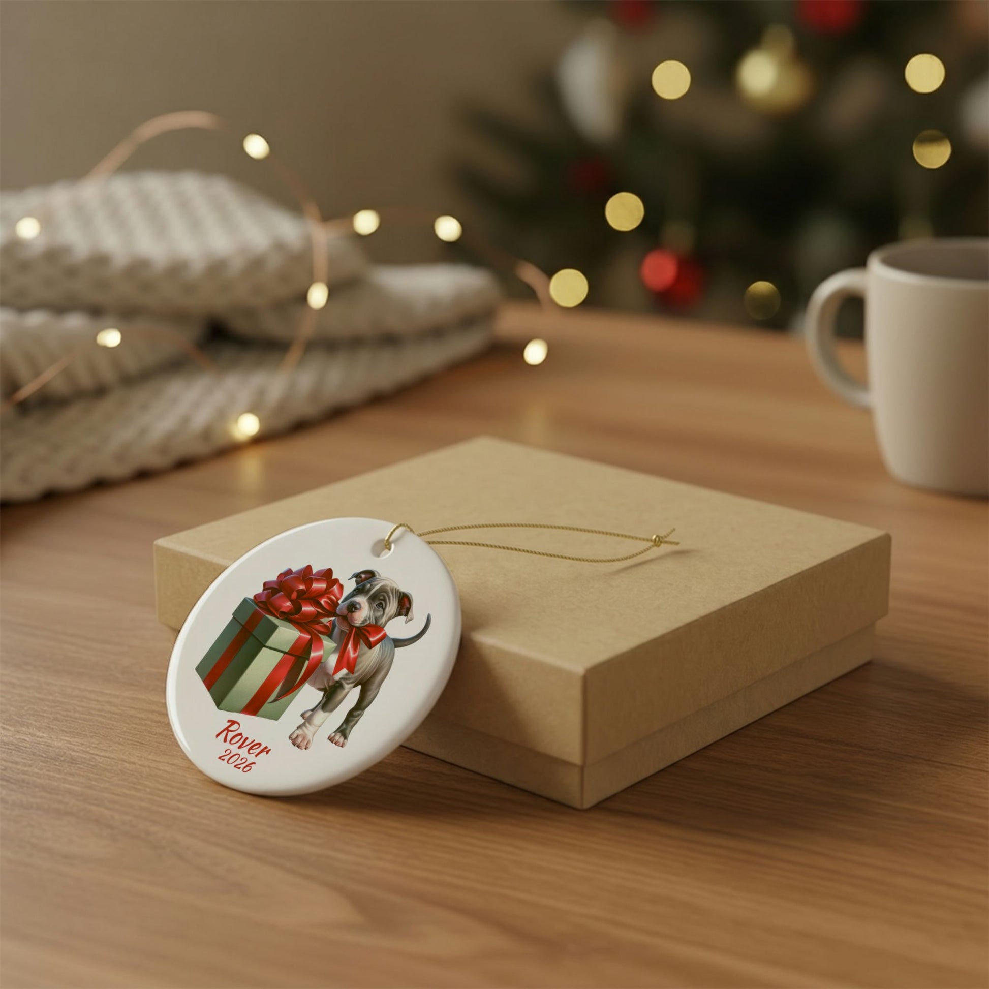 American Pitbull ornament shown with the gold gift box option