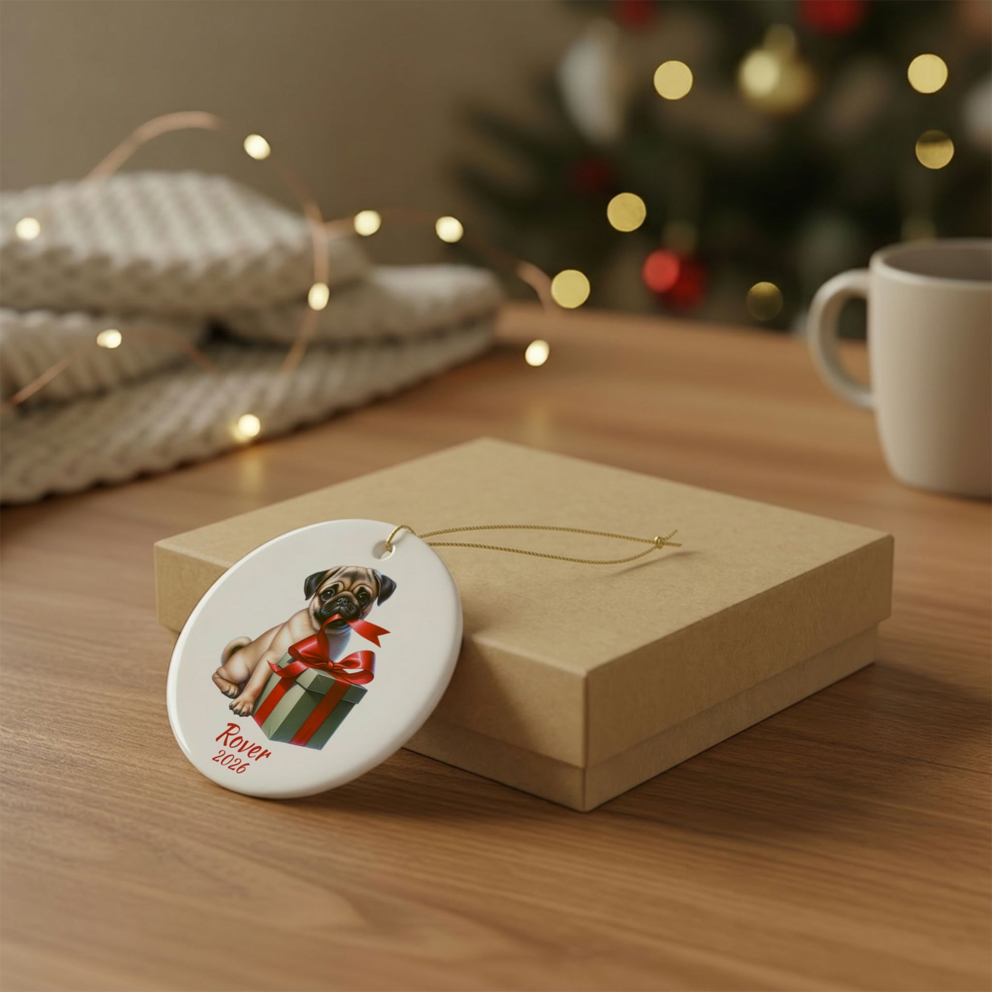 Fawn Pug ornament shown with the gold gift box option