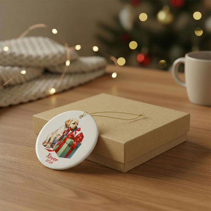Yellow Labrador Retriever ornament shown with the gold gift box option