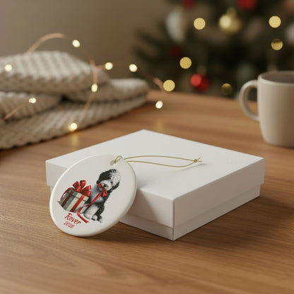 Sheepadoodle ornament shown with the white gift box option