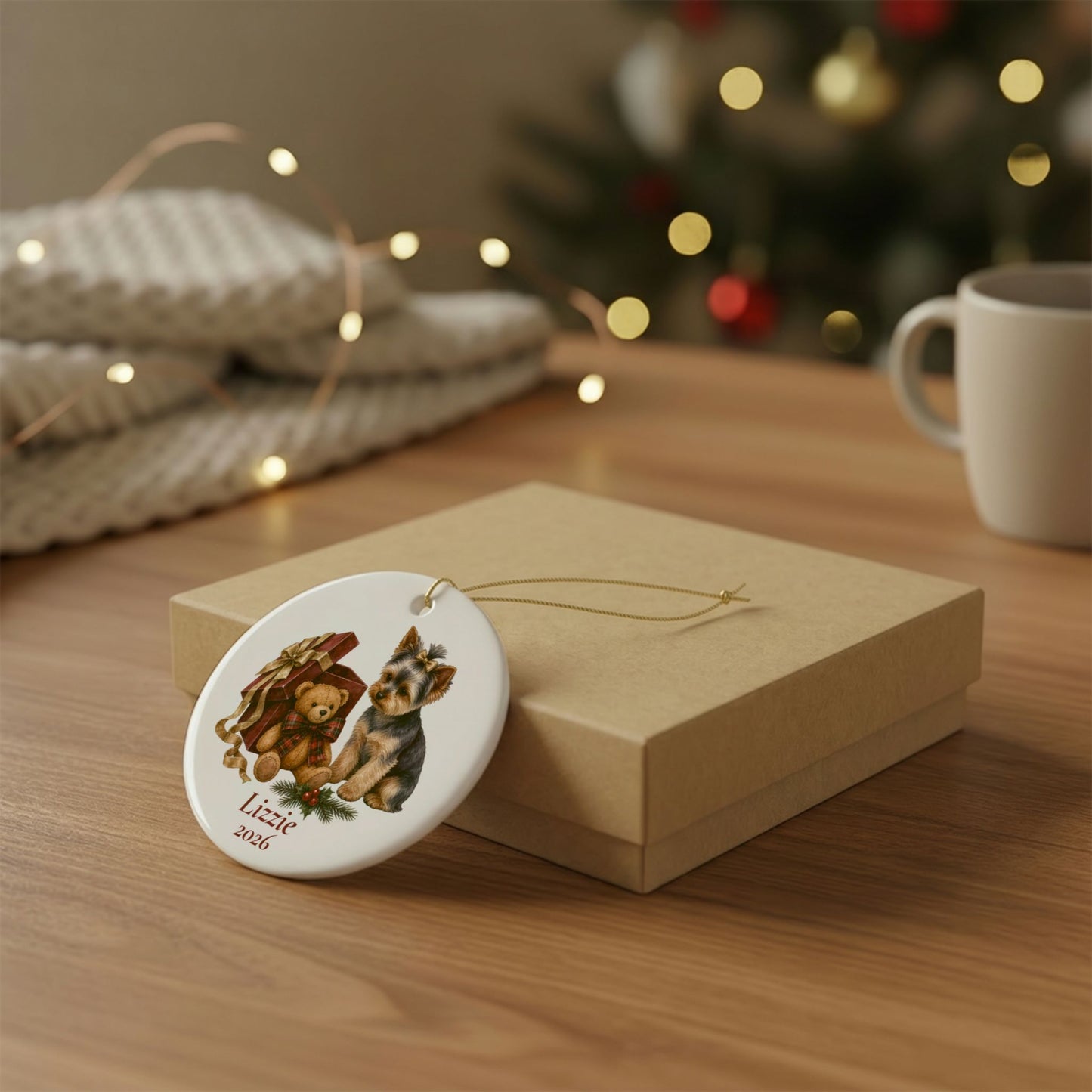 Yorkshire Terrier (Bow) ornament shown with the gold gift box option