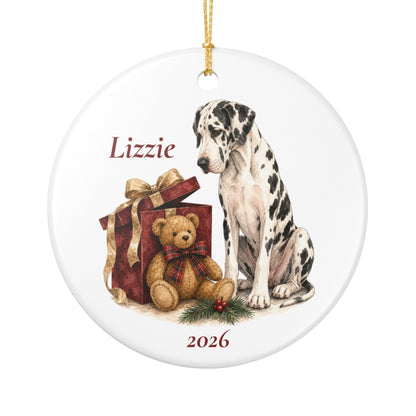 Great Dane (Harlequin) ornament shown with the white gift box option