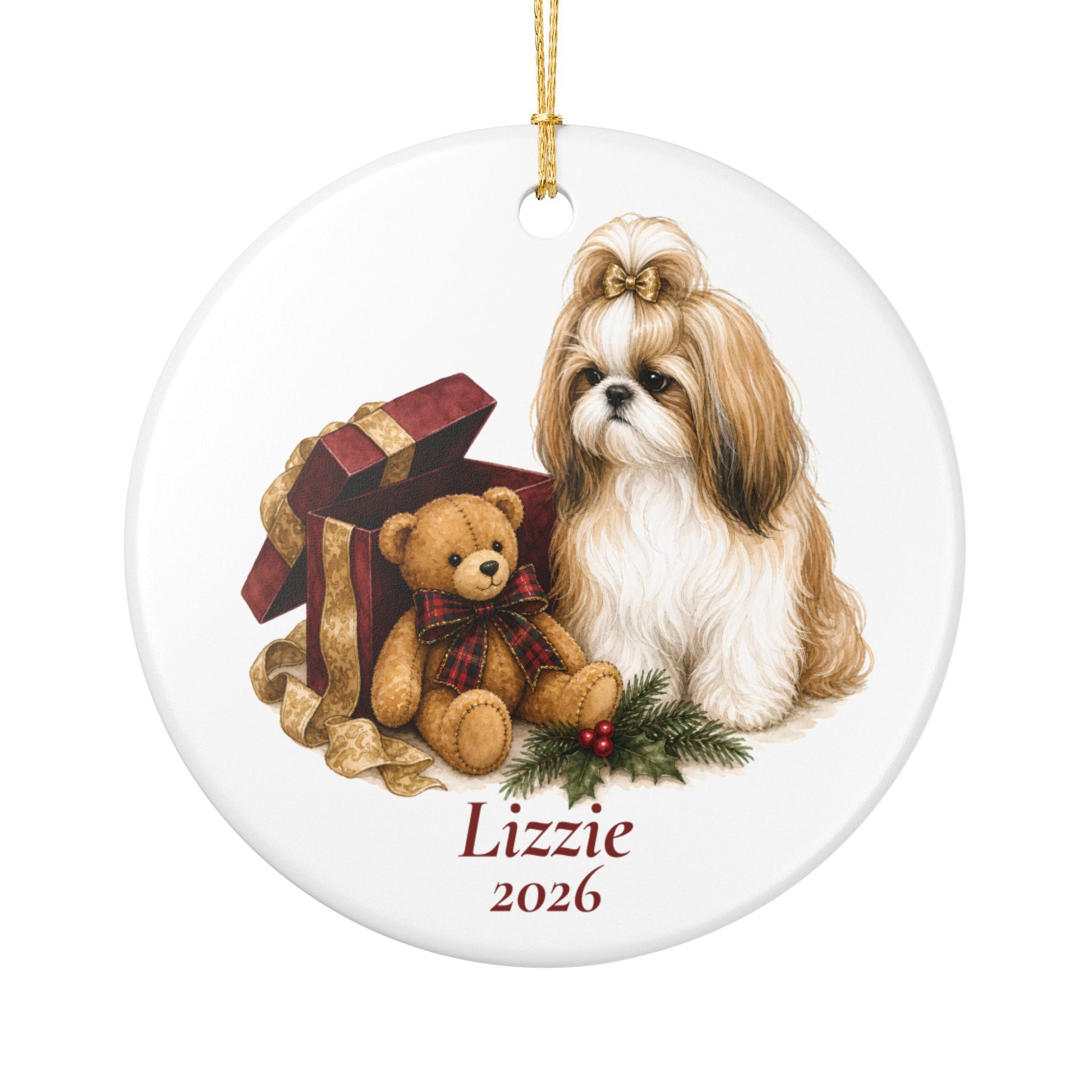 Shih Tzu wearing a bow ornament shown with the white gift box option