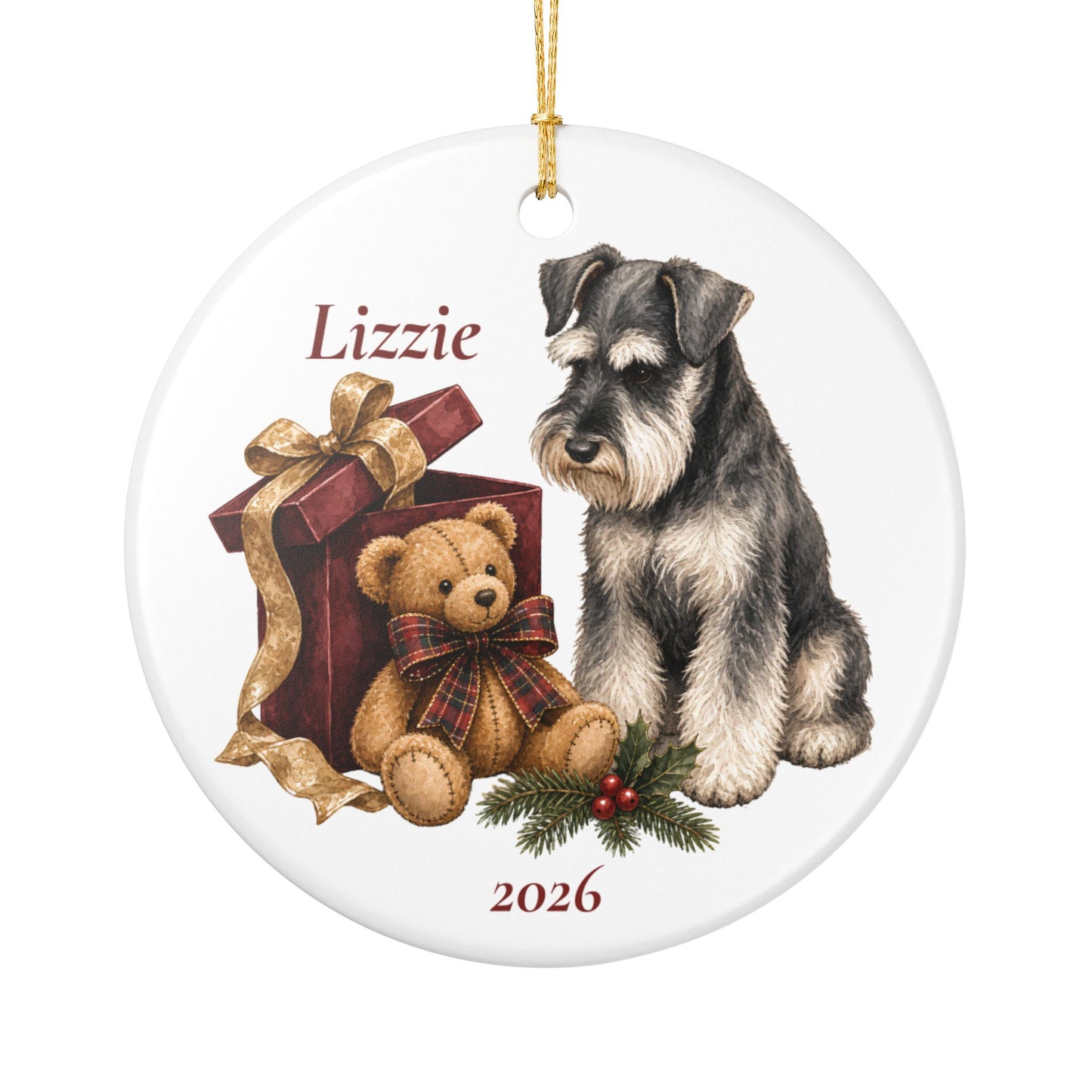 Miniature Schnauzer ornament shown with the white gift box option
