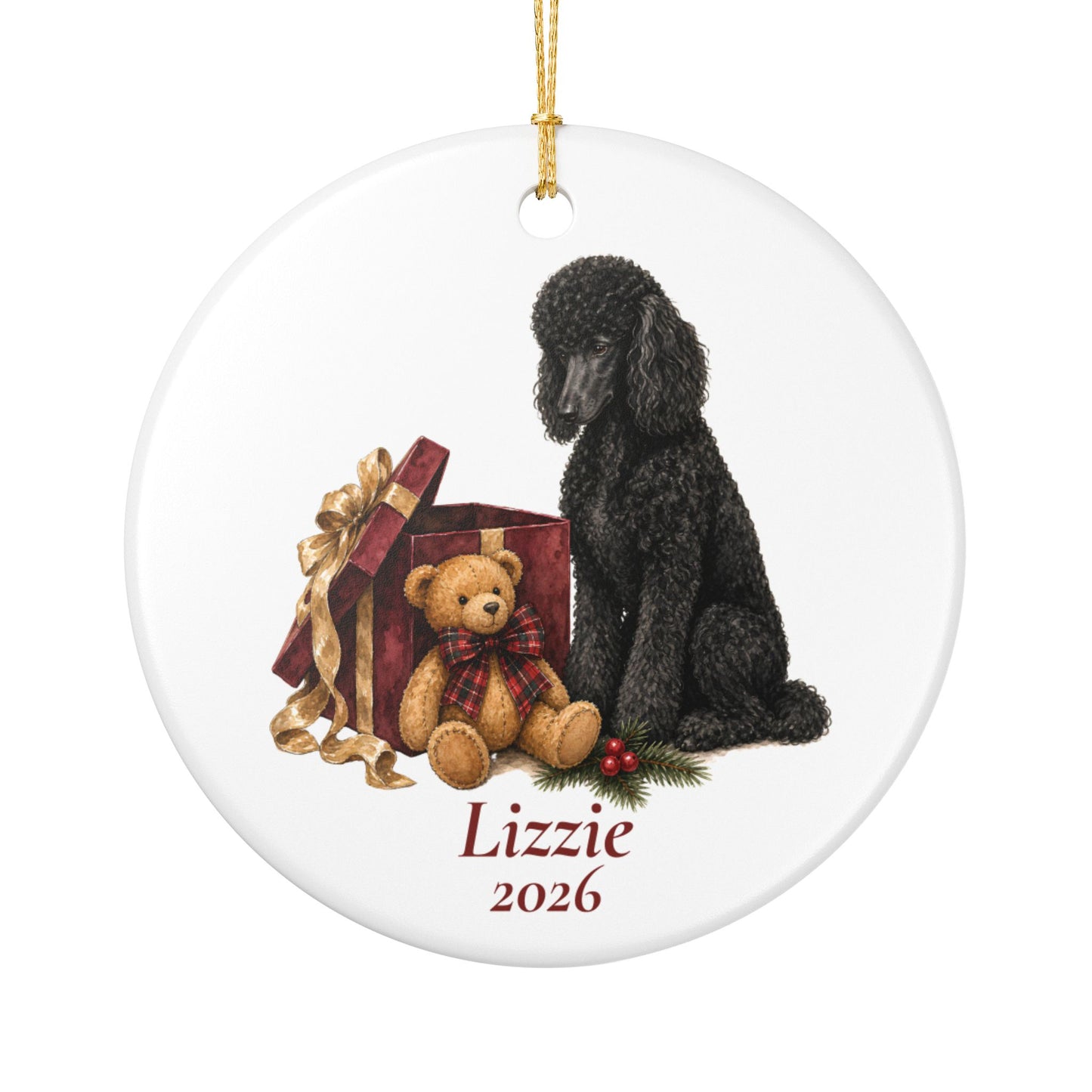 Standard Poodle (Black) ornament shown with the gold gift box option