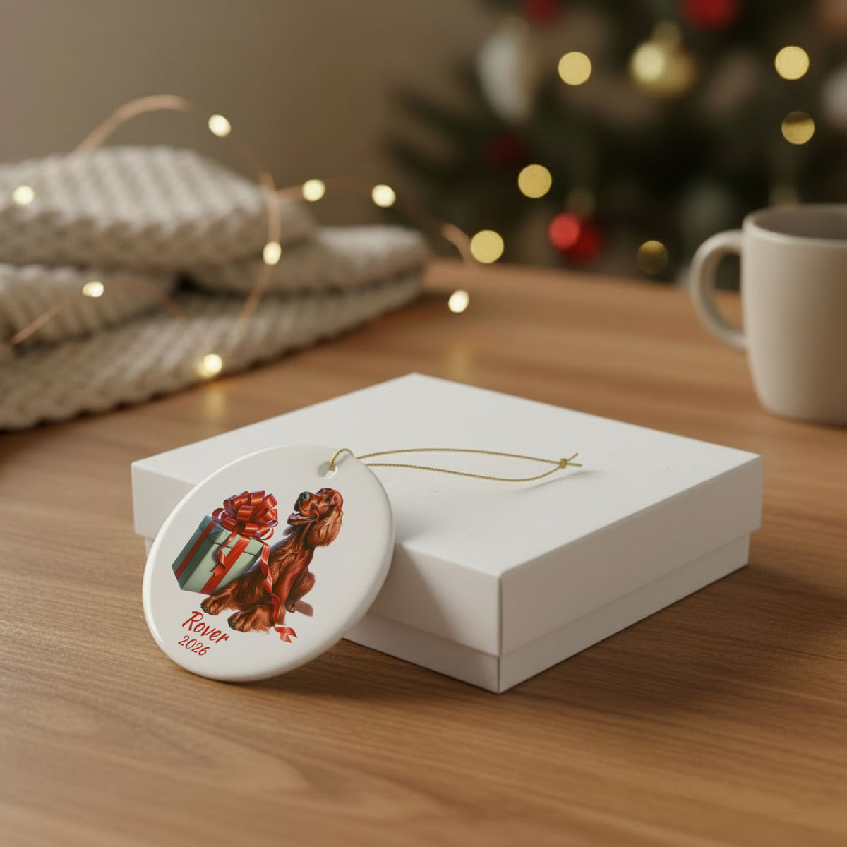 Irish Setter ornament shown with the white gift box option