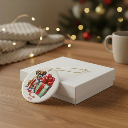 Boxer ornament shown with the white gift box option