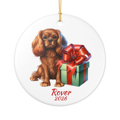 Ruby Cavalier King Charles Spaniel ornament shown with the white gift box option