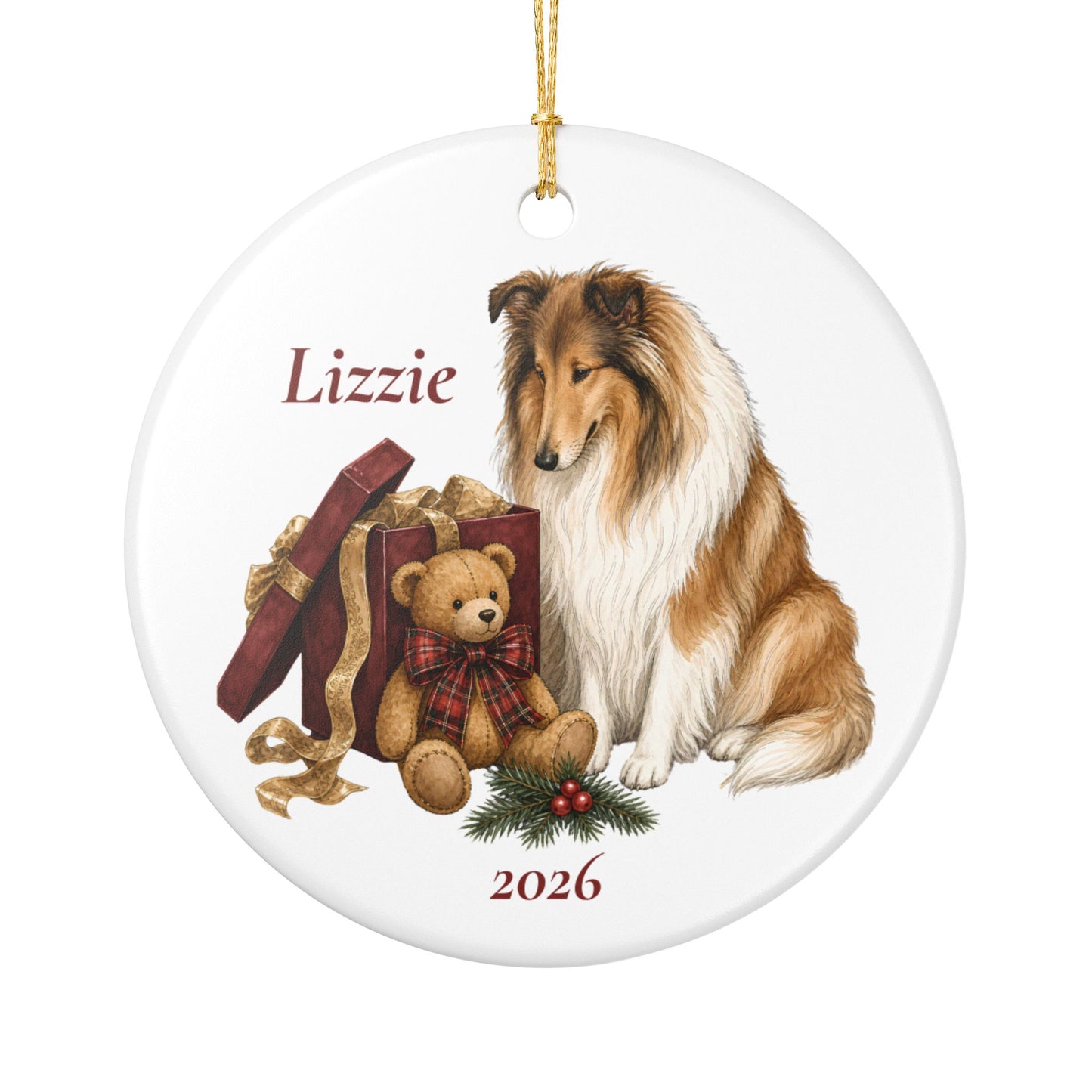 Rough Collie ornament shown with the white gift box option