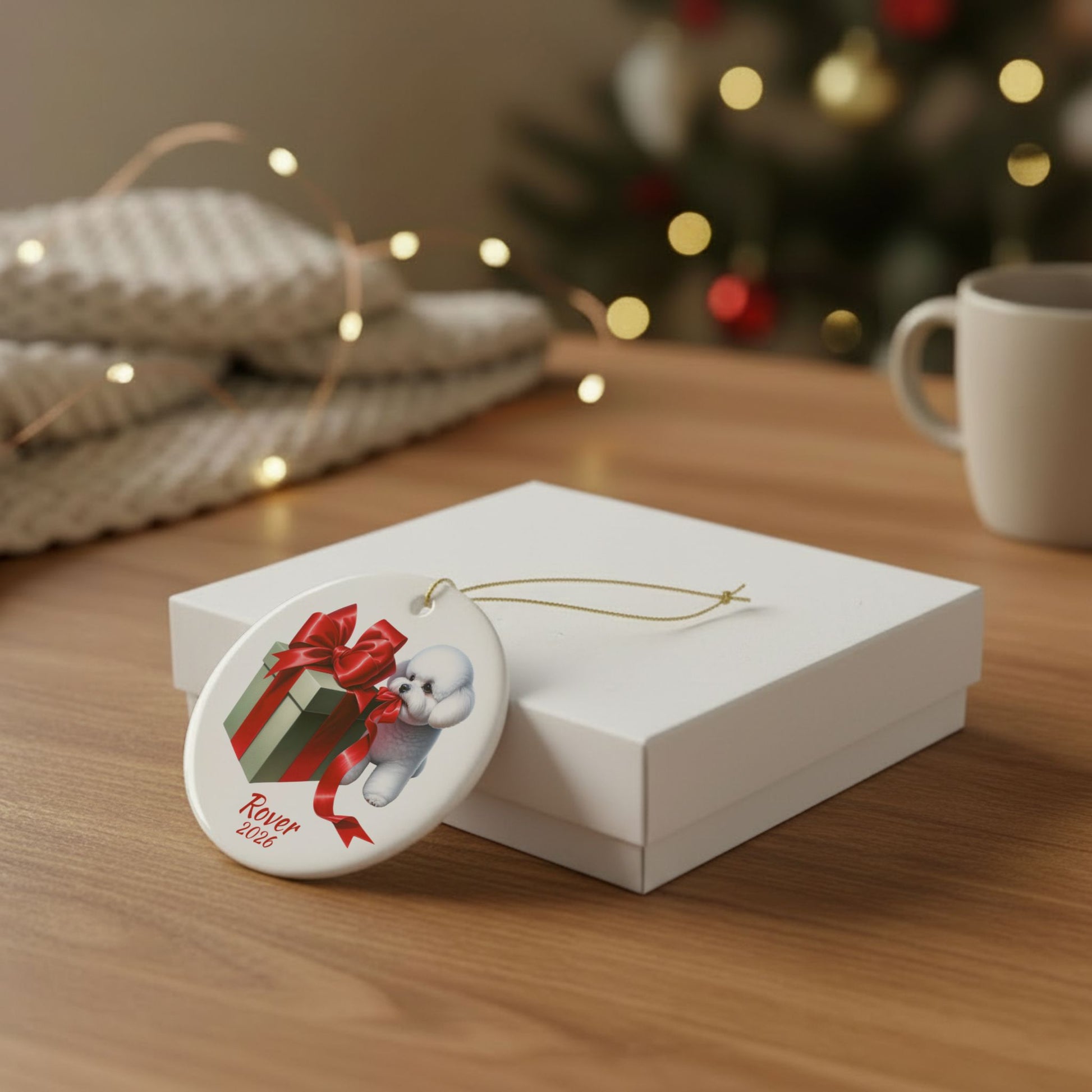 Bichon Frise ornament shown with the gold gift box option
