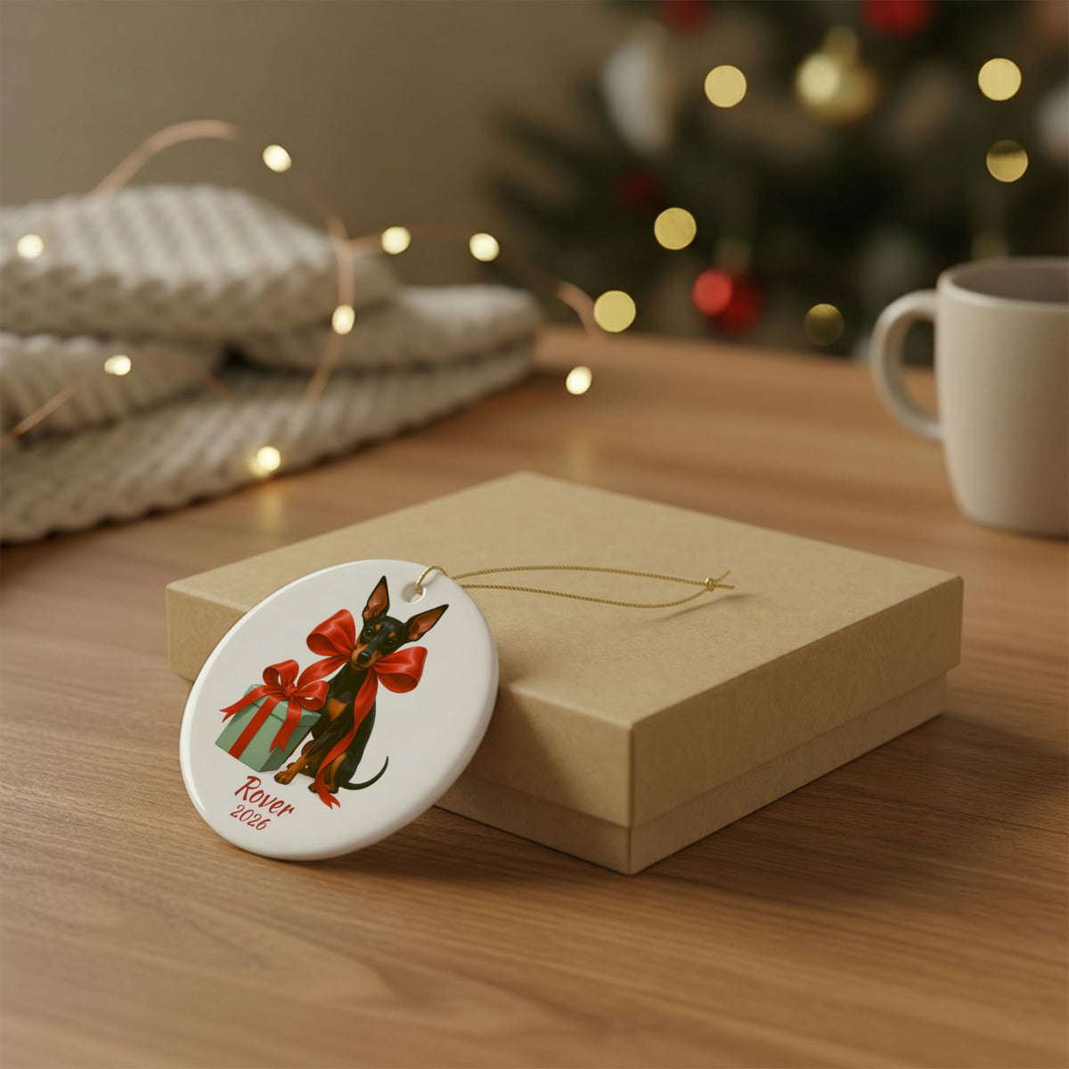 Manchester Terrier ornament shown with the gold gift box option