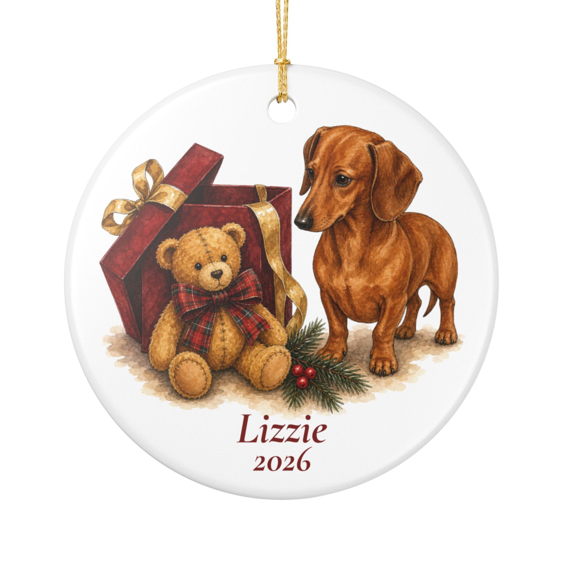 Red Dachshund ornament shown with the white gift box option