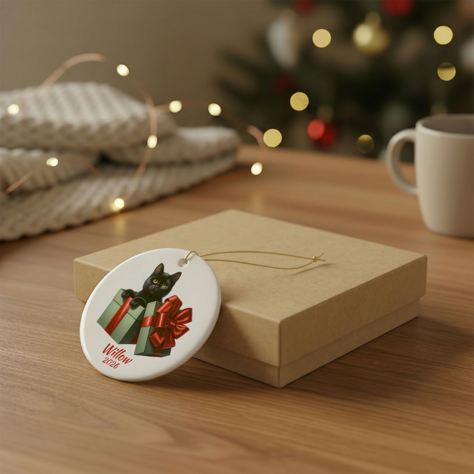 Black Cat ornament shown with the gold gift box option