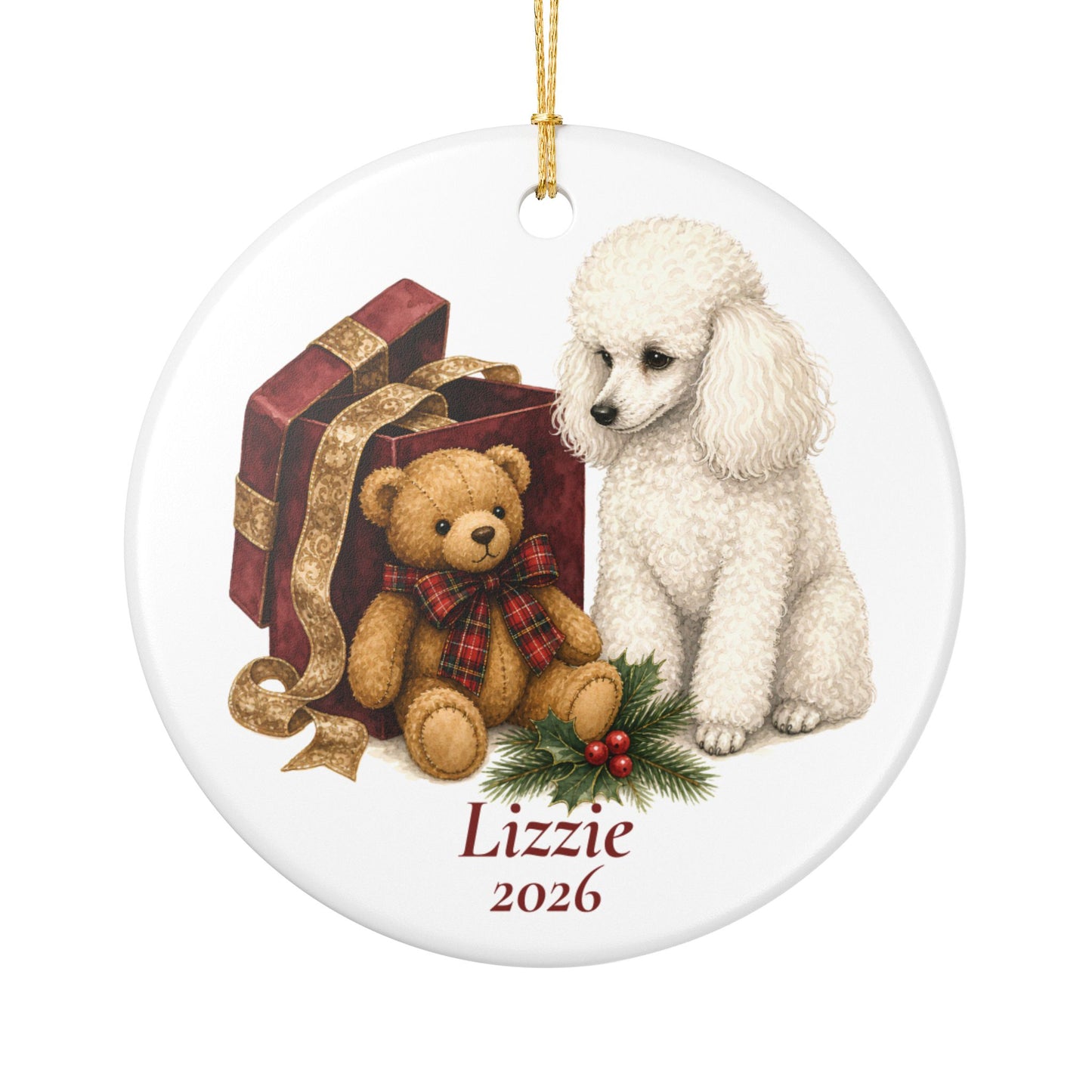 Miniature Poodle ornament shown with the gold gift box option