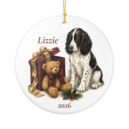English Springer Spaniel (Black) ornament shown with the gold gift box option