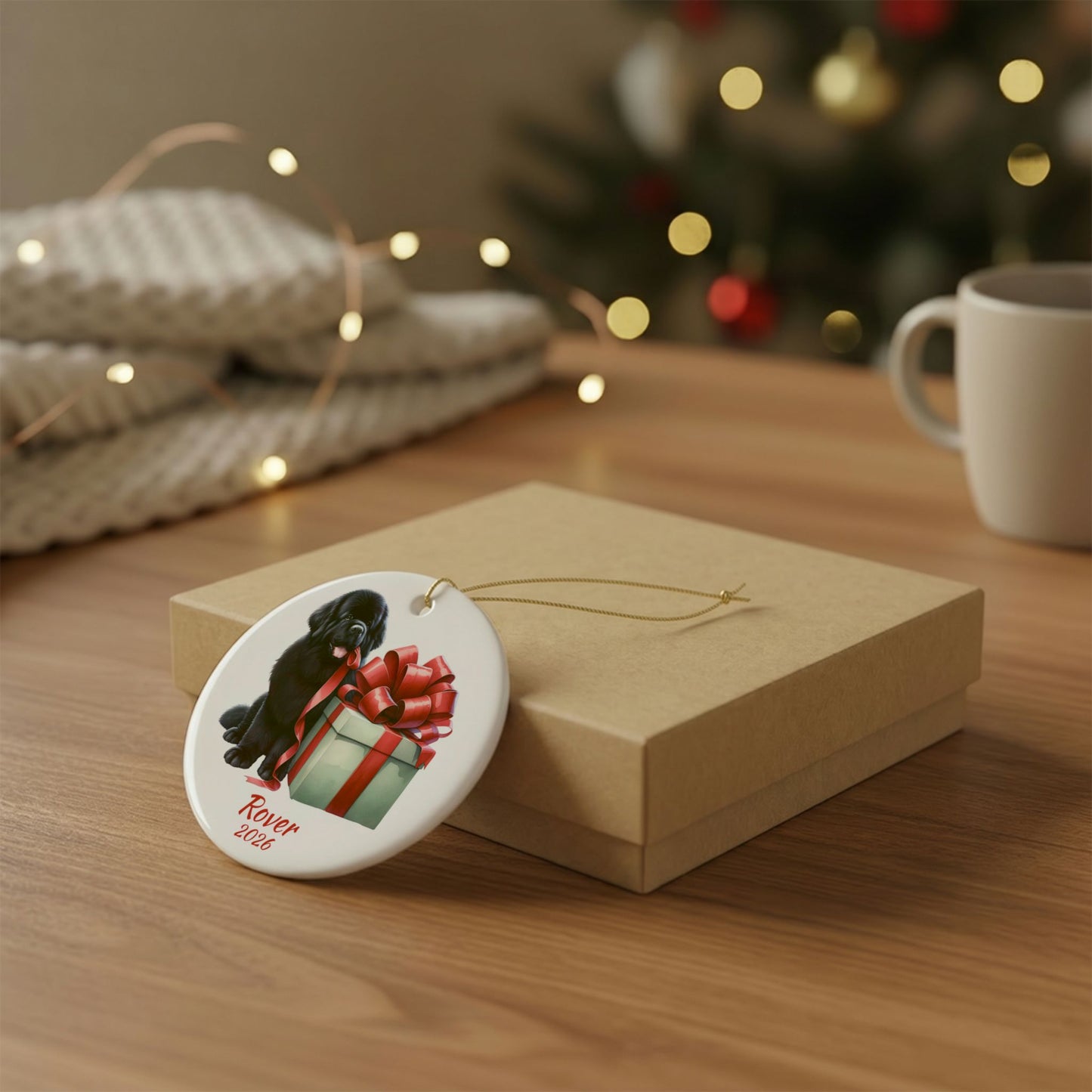 Newfoundland ornament shown with the gold gift box option