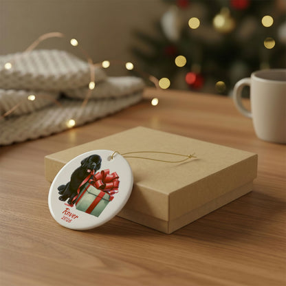 Newfoundland ornament shown with the gold gift box option