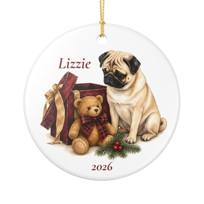 Pug (Fawn) ornament shown with the white gift box option